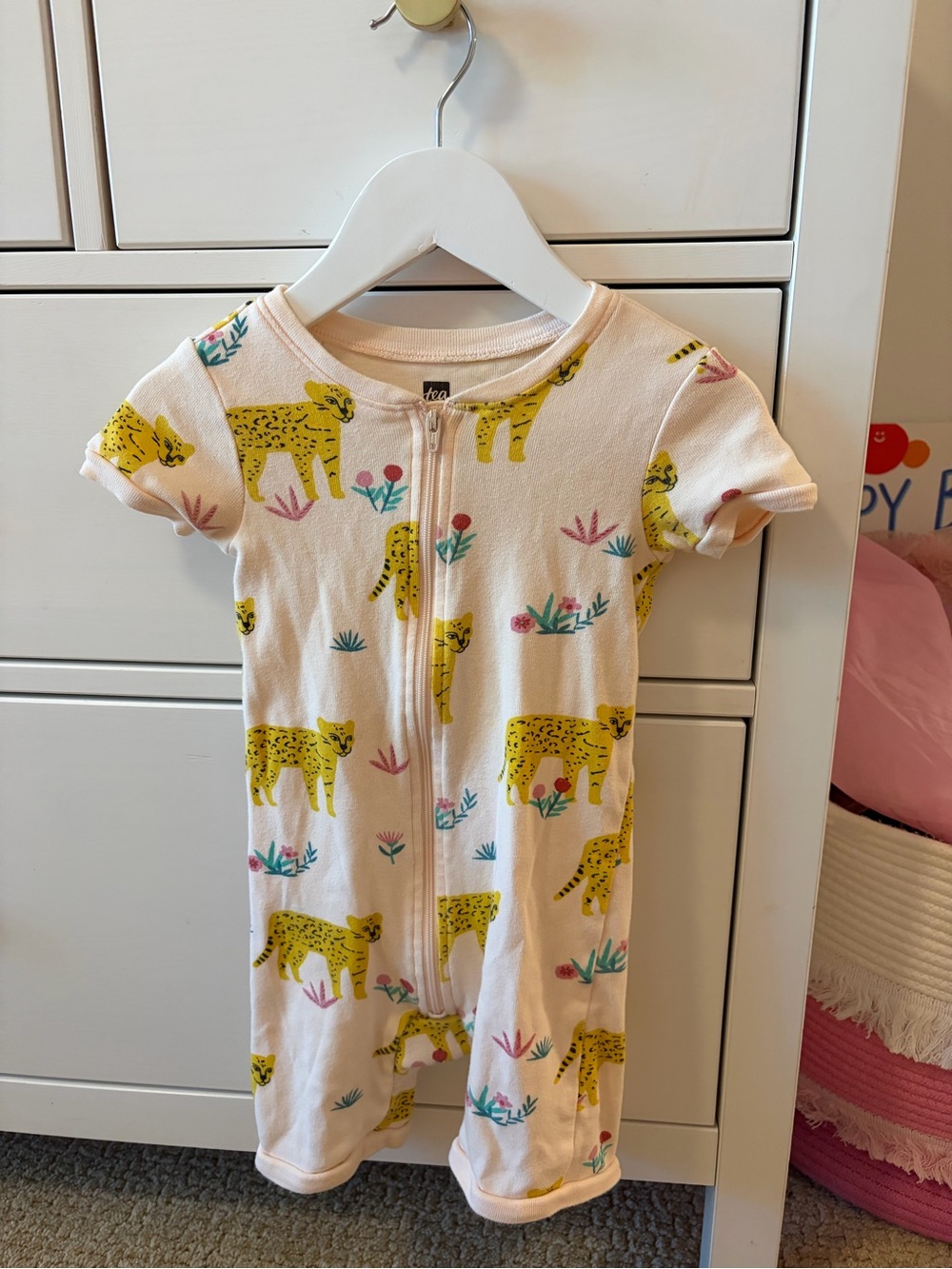 Tea Collection Girls Shorty Pajama Romper Pink Cheetah Floral Print